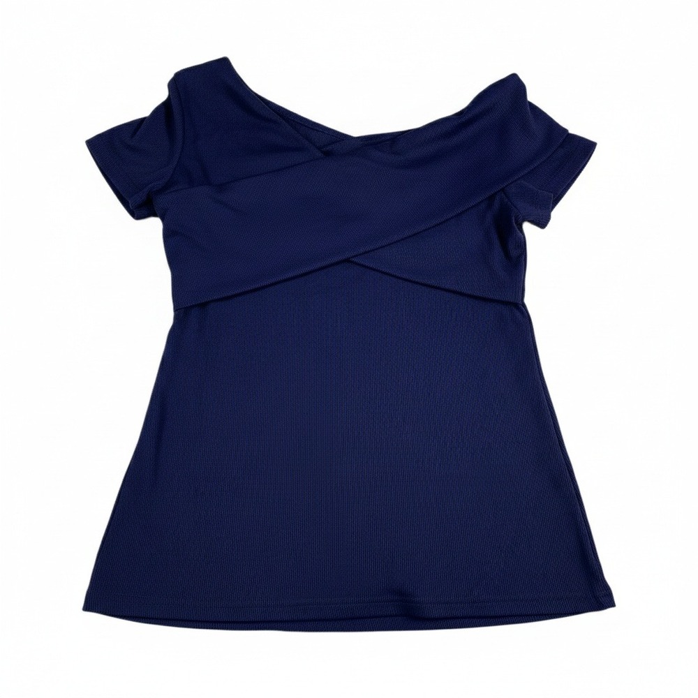 BWQ Navy Blue Ribbed Off the Shoulder Criss Cross Front Top Size Large NWT